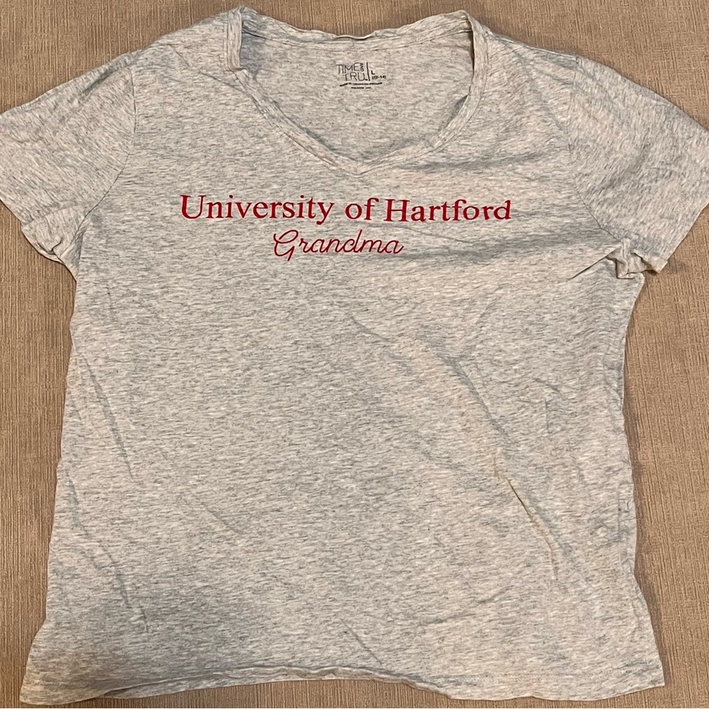 Time and Tru Heather Gray V-Neck Tee with Red University Script